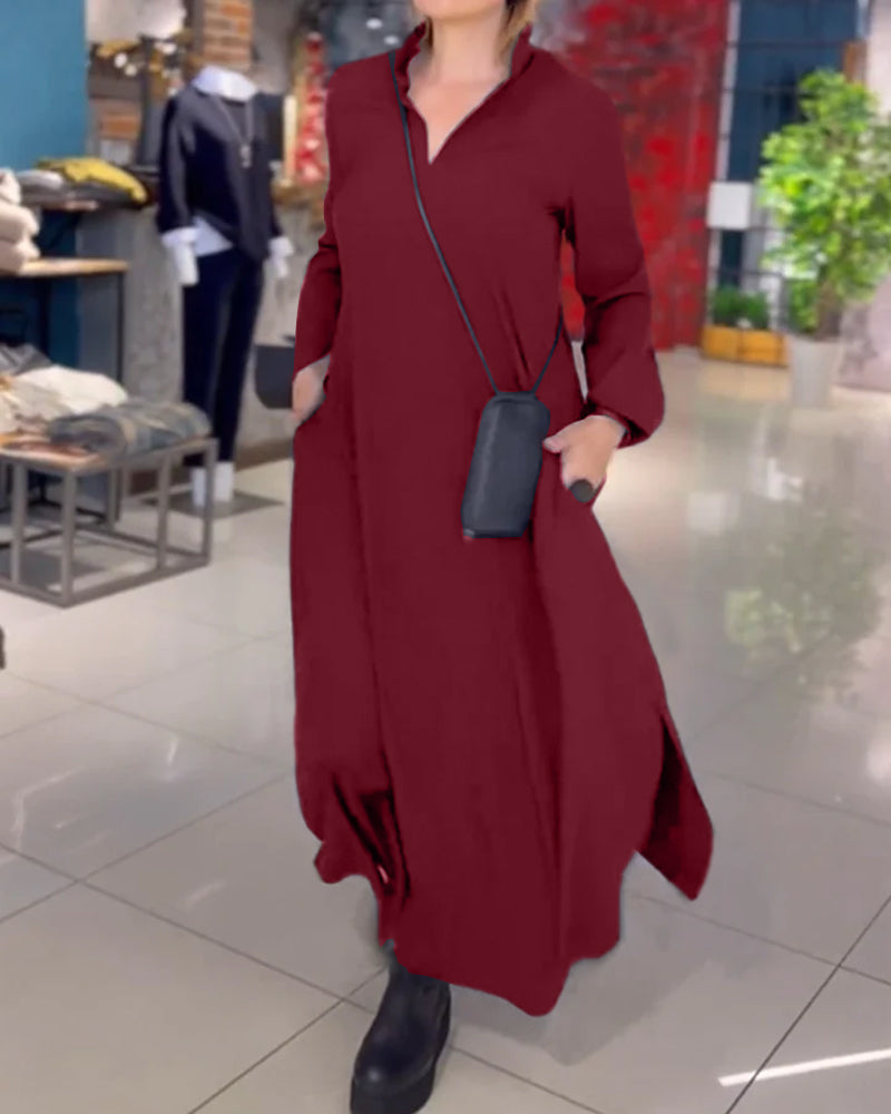 Mia™ | Losse lange jurk met revers en zijsplit