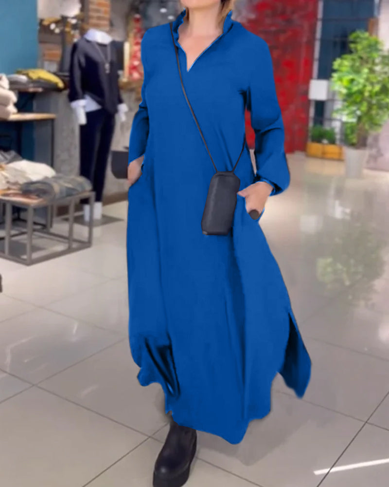 Mia™ | Losse lange jurk met revers en zijsplit