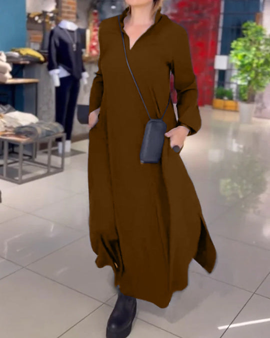 Mia™ | Losse lange jurk met revers en zijsplit
